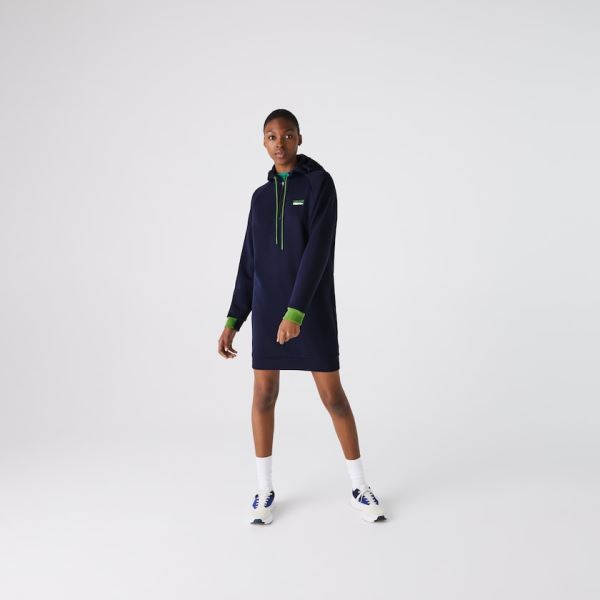 Lacoste SPORT Hooded Cotton Blend Sweatshirt Dress - Šaty Dámské Tmavě Blankyt Blankyt / Zelene / Če